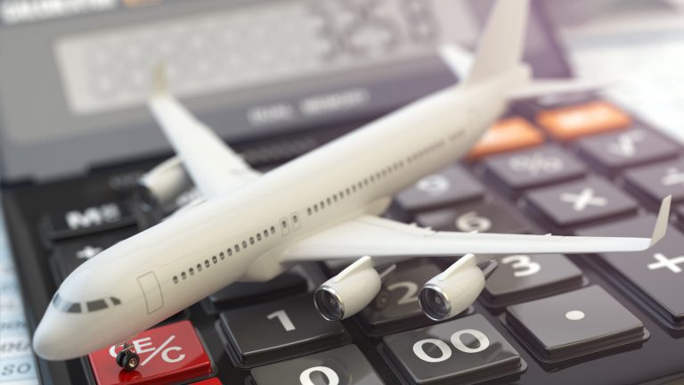 Travel cost calculation concept. Airplane and calculator. Cheapest flight. 3d illustration